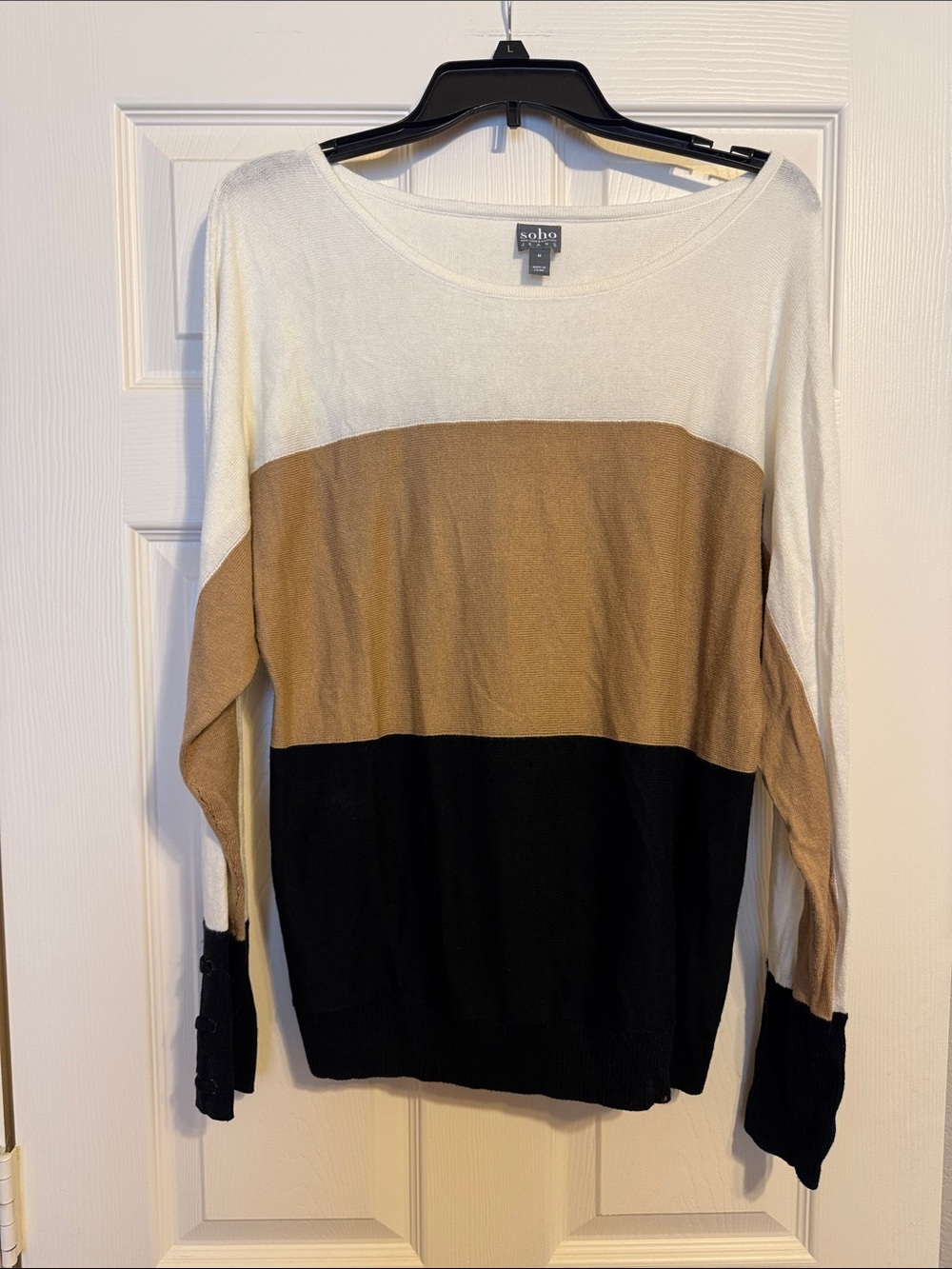 New York & Company Scoop Neck Colorblock Sweater - White, Tan & Black